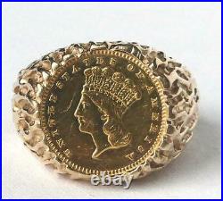 14k Gold Mens 1874 One Dollar $1 Princess Head Coin Ring Nugget Setting Sz 9.75