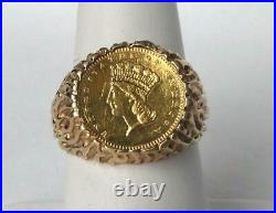 14k Gold Mens 1874 One Dollar $1 Princess Head Coin Ring Nugget Setting Sz 9.75