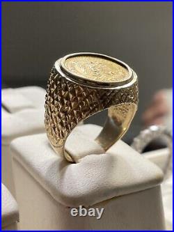 14k Gold Mens Ring With Mexican Eagle Coin And Diamond Cut Band
