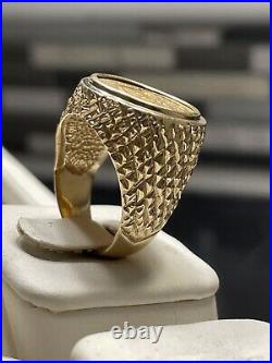 14k Gold Mens Ring With Mexican Eagle Coin And Diamond Cut Band