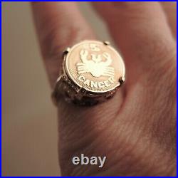 14k Gold Zodiac Coin Ring Cancer June July Birthday Sign Medal Sz 3.5 Vtg 2.65g