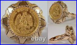 14k Solid Yellow Gold Coin Ring Genuine 1945 Mexican Dos Pesos Coin 6.2g Sz 7.5