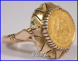 14k Solid Yellow Gold Coin Ring Genuine 1945 Mexican Dos Pesos Coin 6.2g Sz 7.5