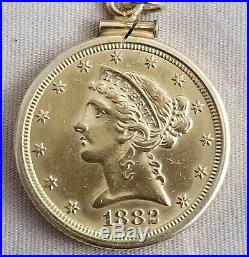 14k YELLOW GOLD 1882 UNITED STATES LIBERTY FIVE DOLLAR COIN BEZEL PENDANT