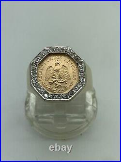 14k Yellow Gold 1945 Dos Pesos Gold Coin and Diamond Ring Size 9 Estate