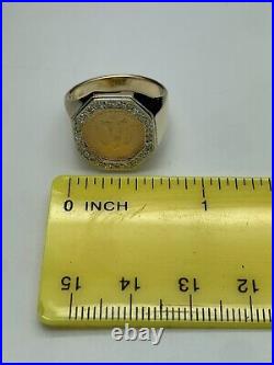 14k Yellow Gold 1945 Dos Pesos Gold Coin and Diamond Ring Size 9 Estate
