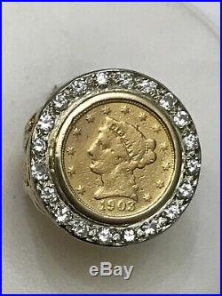 14k Yellow Gold 1Ct Tw Diamond Bezel 1903 2 1/2 Dollar Coin Ring Size 7 -18.7 Gm