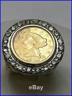 14k Yellow Gold 1Ct Tw Diamond Bezel 1903 2 1/2 Dollar Coin Ring Size 7 -18.7 Gm