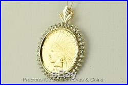 14k Yellow Gold 1.25tcw Diamond Bezel 1908 D $10 Gold Indian Head Coin Pendant