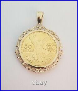 14k Yellow Gold 50 Mexican Pesos Centenario Coin Pendant Frame