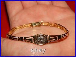 14k Yellow Gold Ancient Roman Coin Greek Key Bracelet 7 Inches Long