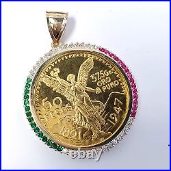 14k Yellow Gold Bezel Pendant Charm 38MM Cz Mexico Flag Coin Bisel Oro Solido