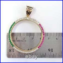 14k Yellow Gold Bezel Pendant Charm 38MM Cz Mexico Flag Coin Bisel Oro Solido
