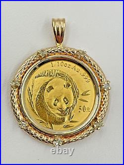 14k Yellow Gold Bezel Set. 14TCW Diamond 1/10ozt. 999 Gold Panda Coin Pendant