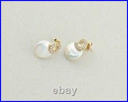 14k Yellow Gold Coin Pearl and Diamond Earrings Stud Post Earrings