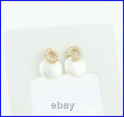14k Yellow Gold Coin Pearl and Diamond Earrings Stud Post Earrings