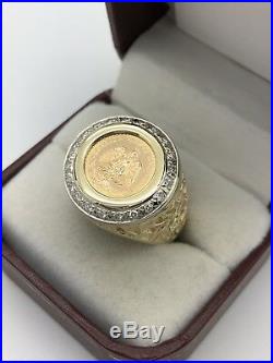 14k Yellow Gold Diamond 1945 Dos Mexican Peso 22k Coin Nugget Ring Size 8.25