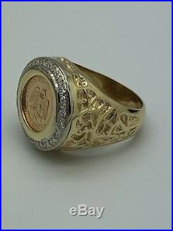 14k Yellow Gold Diamond 1945 Dos Mexican Peso 22k Coin Nugget Ring Size 8.25