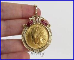 14k Yellow Gold FN Lab Created Ruby Dollar Indian Head Coin Pendant
