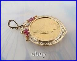14k Yellow Gold FN Lab Created Ruby Dollar Indian Head Coin Pendant