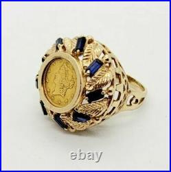 14k Yellow Gold Finish Beauty Coin Ring 2.20Ct Blue Sapphire 925 Sterling Silver