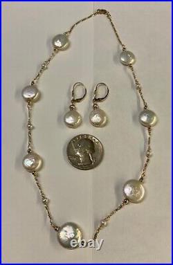 14k Yellow Gold Freshwater Coin Pearl Tin Cup Station Necklace Earrings Set 16