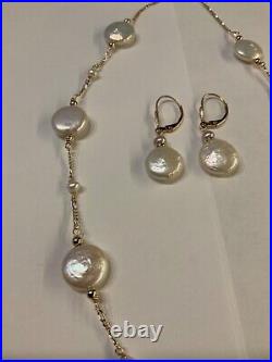 14k Yellow Gold Freshwater Coin Pearl Tin Cup Station Necklace Earrings Set 16