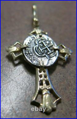 14k Yellow Gold Handmade Cross Pendant With Piece of Eight Coin In Center