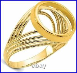 14k Yellow Gold Ladies Fancy Triple Curved Wire 13mm Prong Coin Bezel Ring
