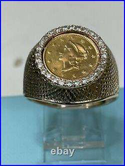 14k Yellow Gold Mans Diamonds Liberty $1 Dollar Coin Ring