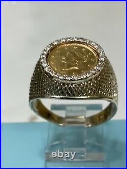 14k Yellow Gold Mans Diamonds Liberty $1 Dollar Coin Ring