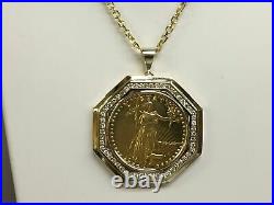 14k Yellow Gold Over O1 Oz Lady Liberty Coin 0.65 Ct Diamonds Necklace Pendant