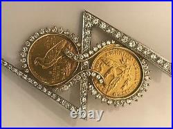 14k Yellow Gold Pin Pendant 2 $5 1893 1915 Gold Coin 3.7 Ct Tw Diamonds 33.4 Gr