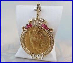 14k Yellow Gold Plated 1915 US Ten Dollar Indian Head Coin Pendant With Chain