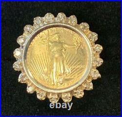 14k Yellow Gold Ring with Halo of Diamonds around 1/10th oz $5 Gold Eagle Coin