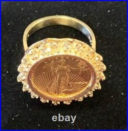 14k Yellow Gold Ring with Halo of Diamonds around 1/10th oz $5 Gold Eagle Coin