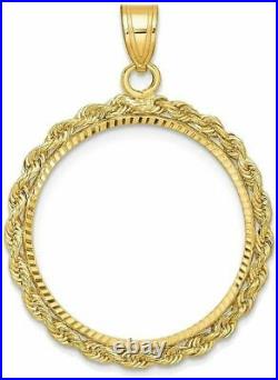 14k Yellow Gold Rope Diamond-cut 22mm Prong Coin Bezel Pendant