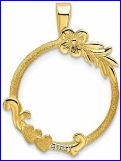 14k Yellow Gold Satin & Polished Floral Design 16mm Prong Coin Bezel Pendant
