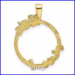 14k Yellow Gold Satin & Polished Floral Design 16mm Prong Coin Bezel Pendant