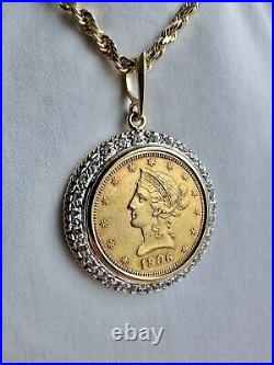 14k yellowithwhite gold & diamond pendant featuring 1906 Liberty Head gold coin