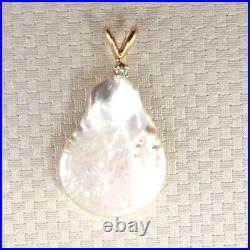14kt Yellow Solid Gold Rabbit-Ear Bale Diamond Baroque White Coin Pearl Pendant