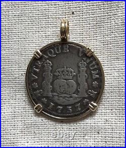 1737 Spanish 2 Reale Silver Coin Set In 14k Yellow Gold Pendant
