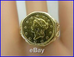 1852 O $1 Dollar US Liberty Vintage 14k Yellow Gold Ring Nugget Style Pinky sz 8