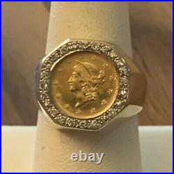1853 22k One Dollar Gold Coin mounted on 14k solid Mens Ring /Diamonds Around