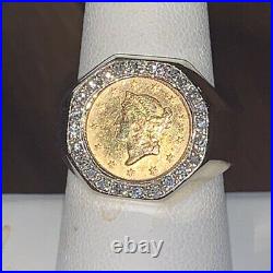 1853 22k One Dollar Gold Coin mounted on 14k solid Mens Ring /Diamonds Around