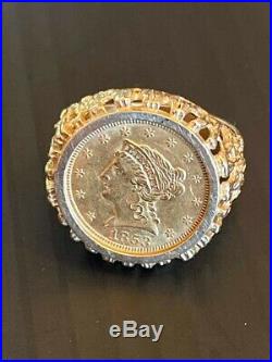 1853 $2.50 2 1/2 Liberty 22 K Gold Quarter Eagle Coin 14 K Men's Ring Size 11