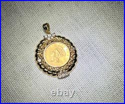 1856 Indian Princess Head Coin set in 14kt Yellow Gold Diamond Pendant