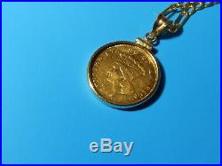 1859 THREE DOLLAR 21k Gold Coin on 14k Bezel & Chain