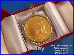 1861-S Liberty Head Twenty Dollar Gold Coin (24kt) Diamond Pendant
