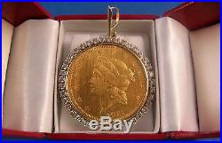 1861-S Liberty Head Twenty Dollar Gold Coin (24kt) Diamond Pendant